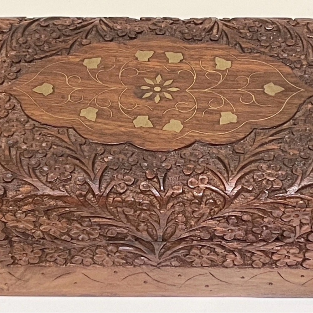 Hand Carved Wooden Box Flowers Trinket Jewelry RED Fabric Lined 7x5x3”